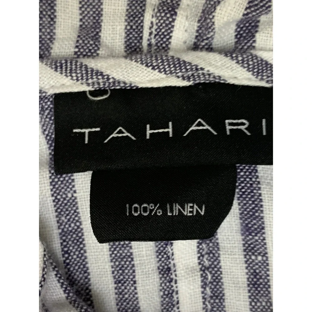 Tahari 100% Linen Striped Hooded Button Down Shirt Jacket Blue White Large